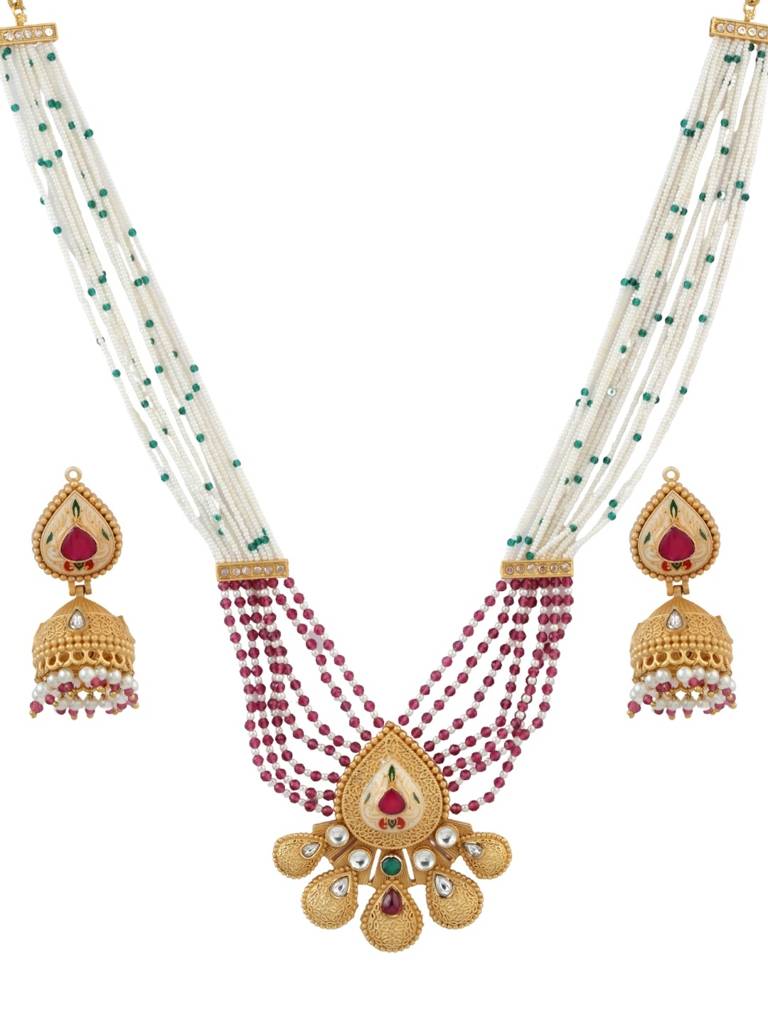 Gold Plated Kundan Heritage Jewellery Long Necklace Set With Pearl Strands, Ruby Tone Beads & Matching Jh : NS0226KPD1043P487M