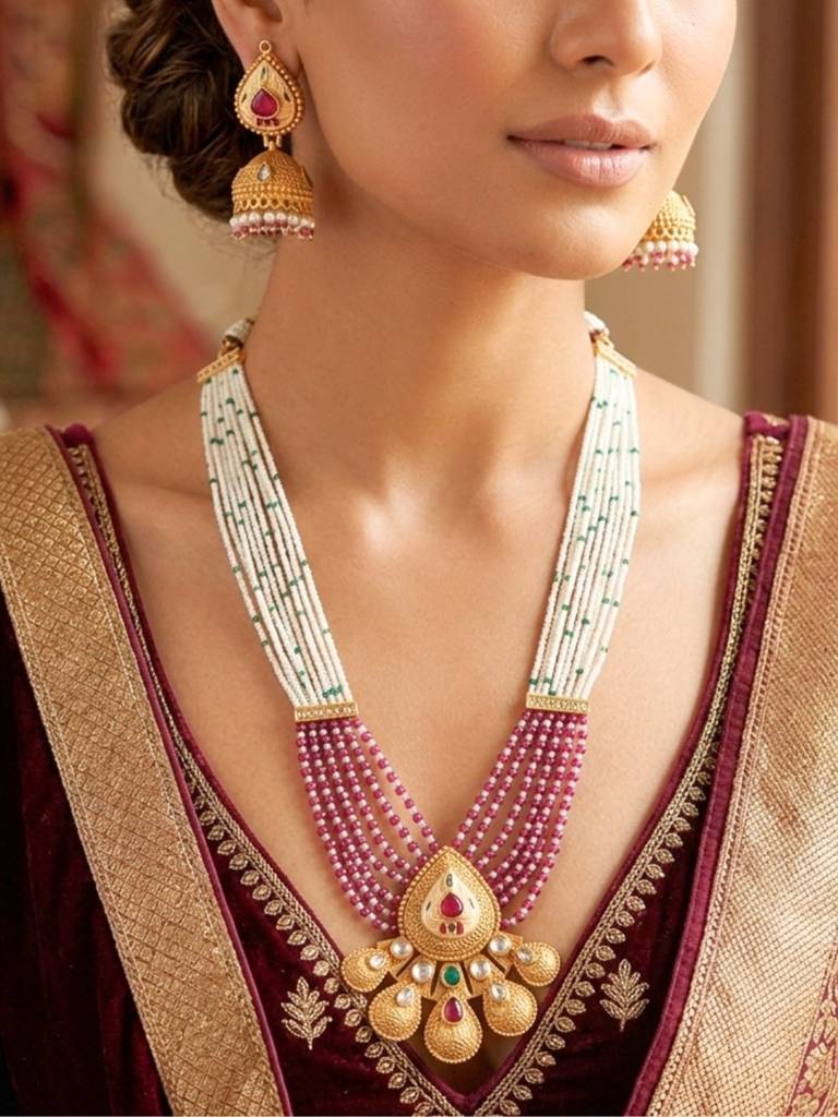 Gold Plated Kundan Heritage Jewellery Long Necklace Set With Pearl Strands, Ruby Tone Beads & Matching Jh : NS0226KPD1043P487M