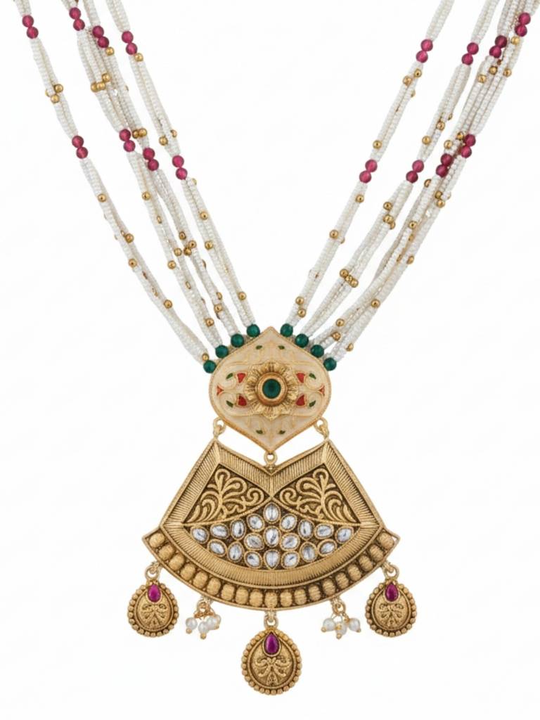 Gold Plated Kundan Heritage Jewellery Long Necklace Set With Pearl Beads, Enamel Detailing & Matching Jh : NS0226KPD1050P462GW