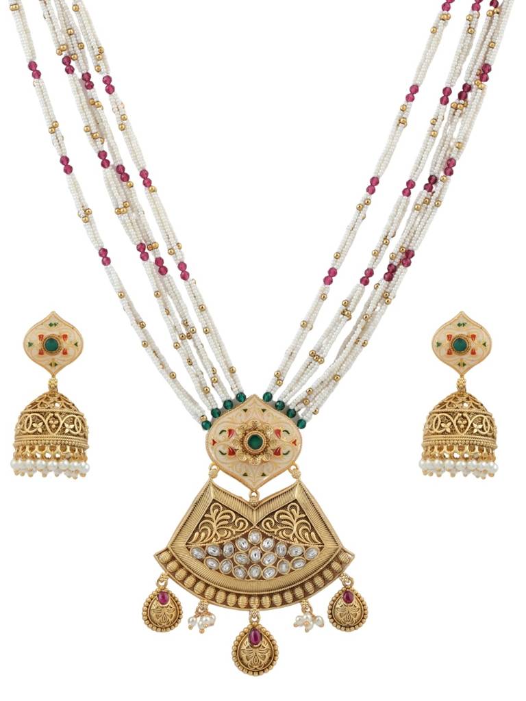 Gold Plated Kundan Heritage Jewellery Long Necklace Set With Pearl Beads, Enamel Detailing & Matching Jh : NS0226KPD1050P462GW