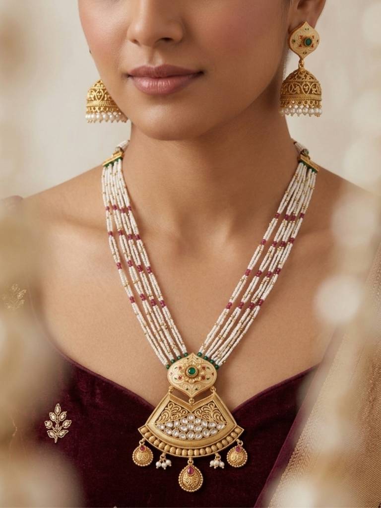 Gold Plated Kundan Heritage Jewellery Long Necklace Set With Pearl Beads, Enamel Detailing & Matching Jh : NS0226KPD1050P462GW