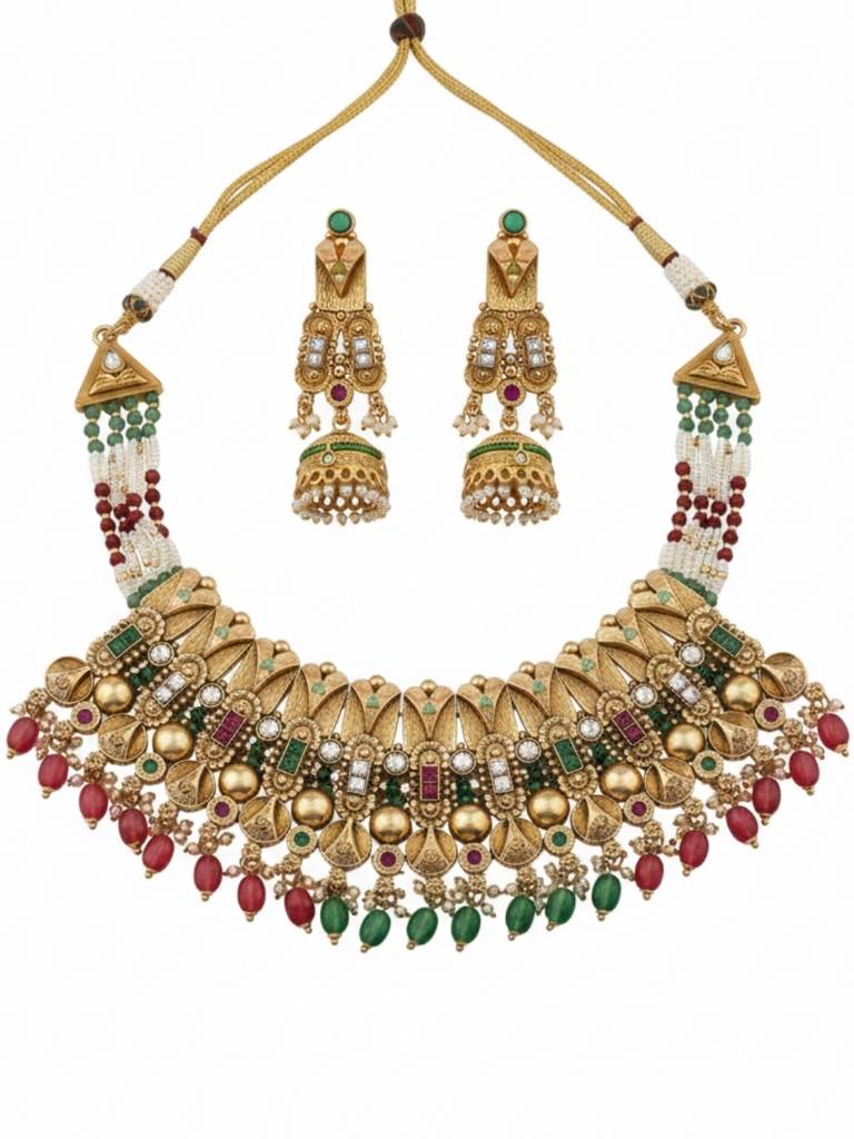 Gold Plated Kundan Bridal Heritage Jewellery Choker Necklace Set With Green & Maroon Stones, Pearl Beads : NS0226KPD2059P651GM