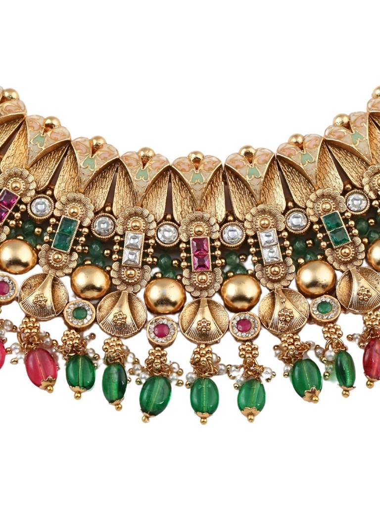 Gold Plated Kundan Bridal Heritage Jewellery Choker Necklace Set With Green & Maroon Stones, Pearl Beads : NS0226KPD2059P651GM