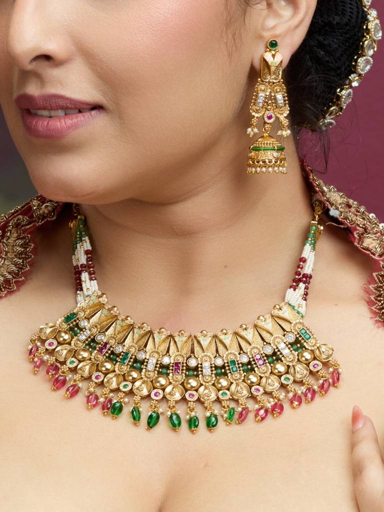 Gold Plated Kundan Bridal Heritage Jewellery Choker Necklace Set With Green & Maroon Stones, Pearl Beads : NS0226KPD2059P651GM