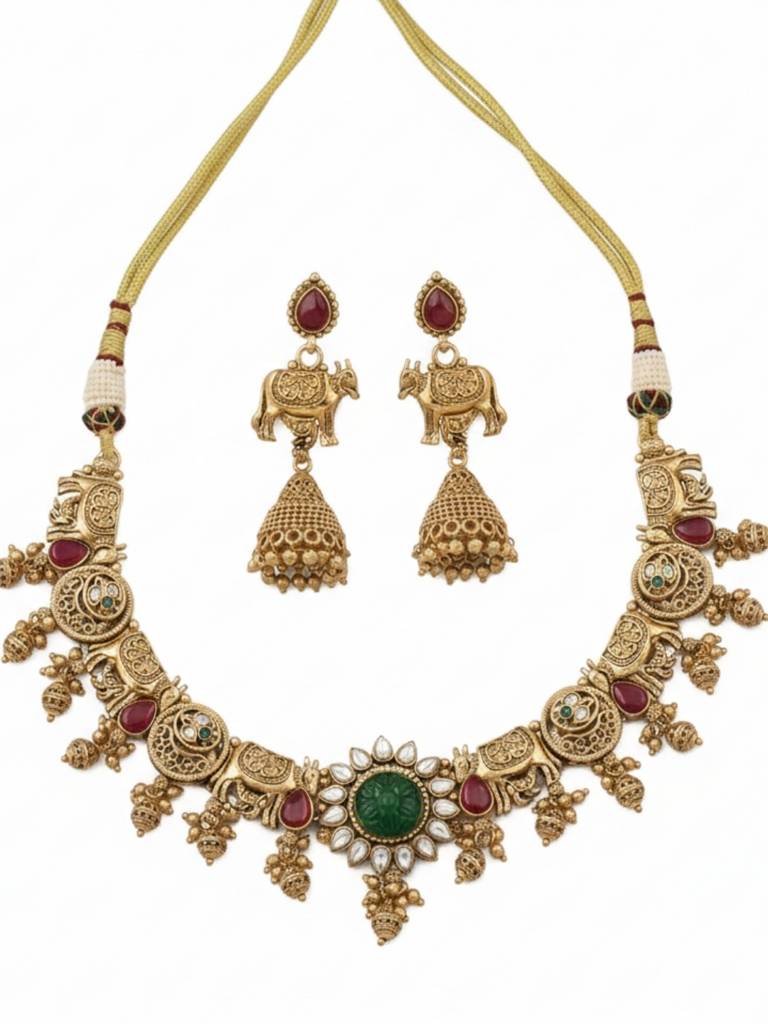 Gold Plated Heritage Jewellery Temple Elephant Motif Necklace Set With Green Center Stone & Jhumka Earrin : NS0226KPD2308P361G