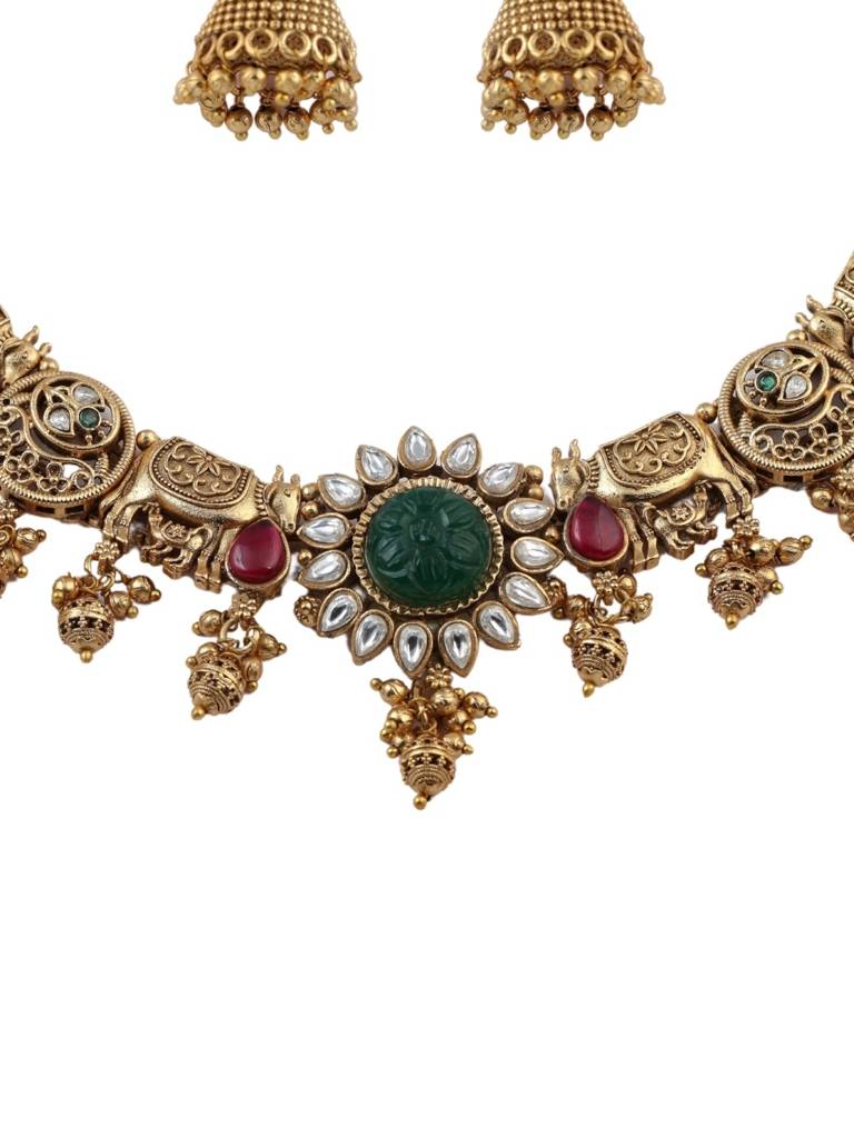 Gold Plated Heritage Jewellery Temple Elephant Motif Necklace Set With Green Center Stone & Jhumka Earrin : NS0226KPD2308P361G
