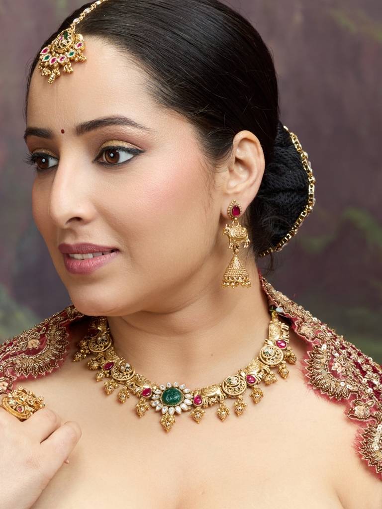 Gold Plated Heritage Jewellery Temple Elephant Motif Necklace Set With Green Center Stone & Jhumka Earrin : NS0226KPD2308P361G