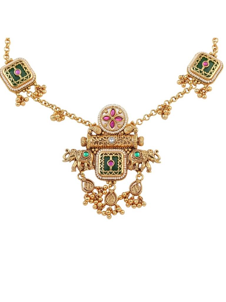Gold Plated Temple Style Heritage Jewellery Kundan Long Necklace Set With Green Enamel Motifs & Matching Earri : NS0226SR450GG