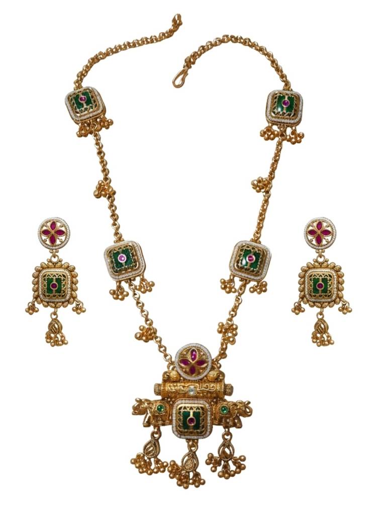 Gold Plated Temple Style Heritage Jewellery Kundan Long Necklace Set With Green Enamel Motifs & Matching Earri : NS0226SR450GG