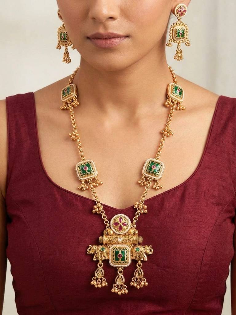Gold Plated Temple Style Heritage Jewellery Kundan Long Necklace Set With Green Enamel Motifs & Matching Earri : NS0226SR450GG
