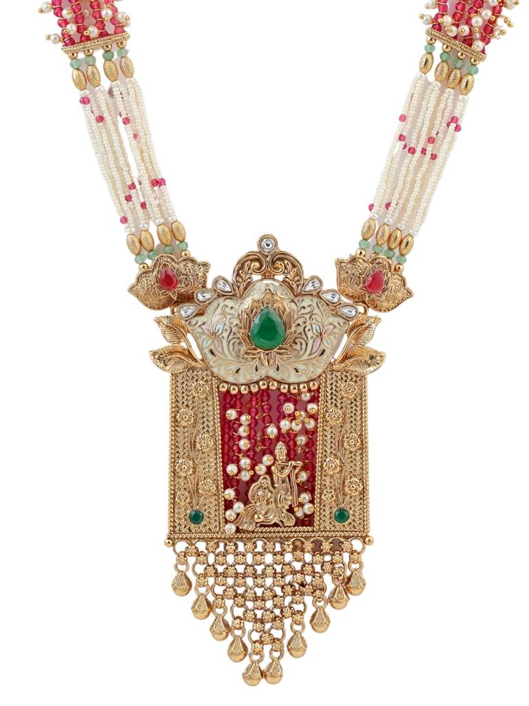 Gold Plated Long Temple Necklace Set With White & Pink Beads, Green Stone Pendant And Matching Jhumka Earri : NS0226SRD1P540GW