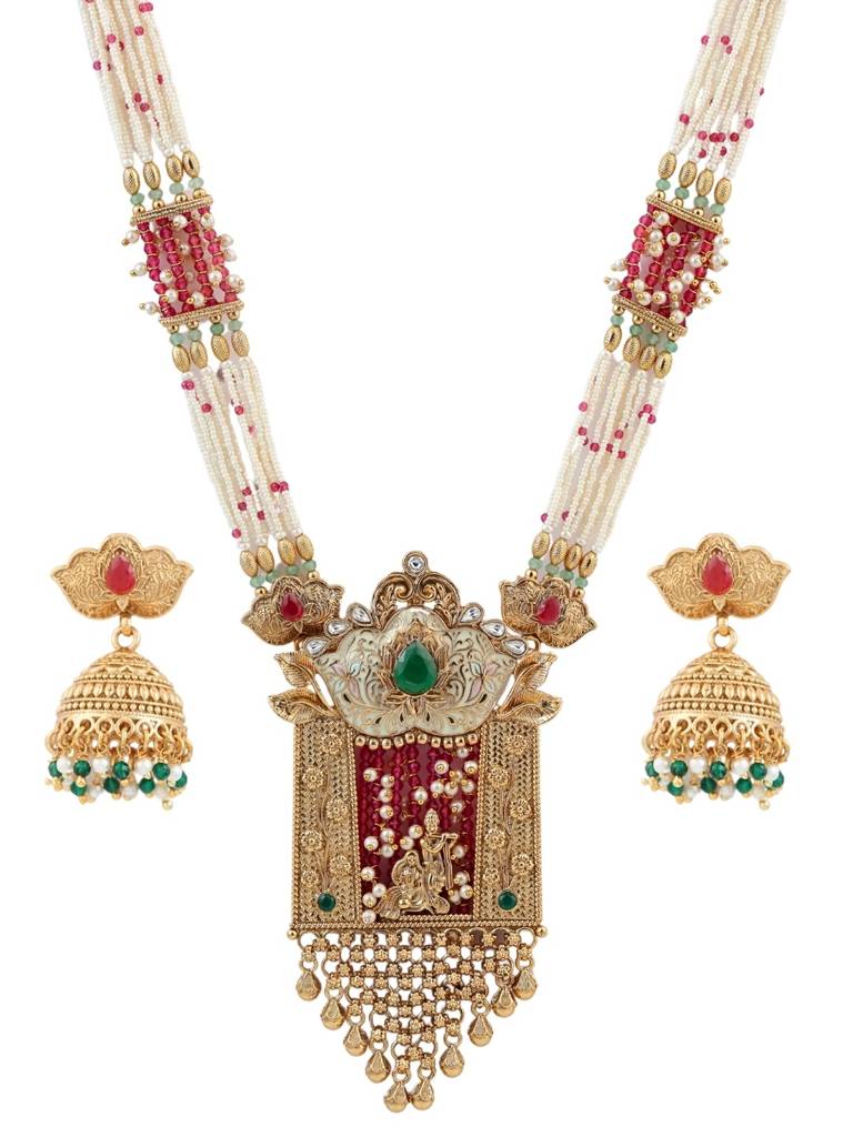Gold Plated Long Temple Necklace Set With White & Pink Beads, Green Stone Pendant And Matching Jhumka Earri : NS0226SRD1P540GW