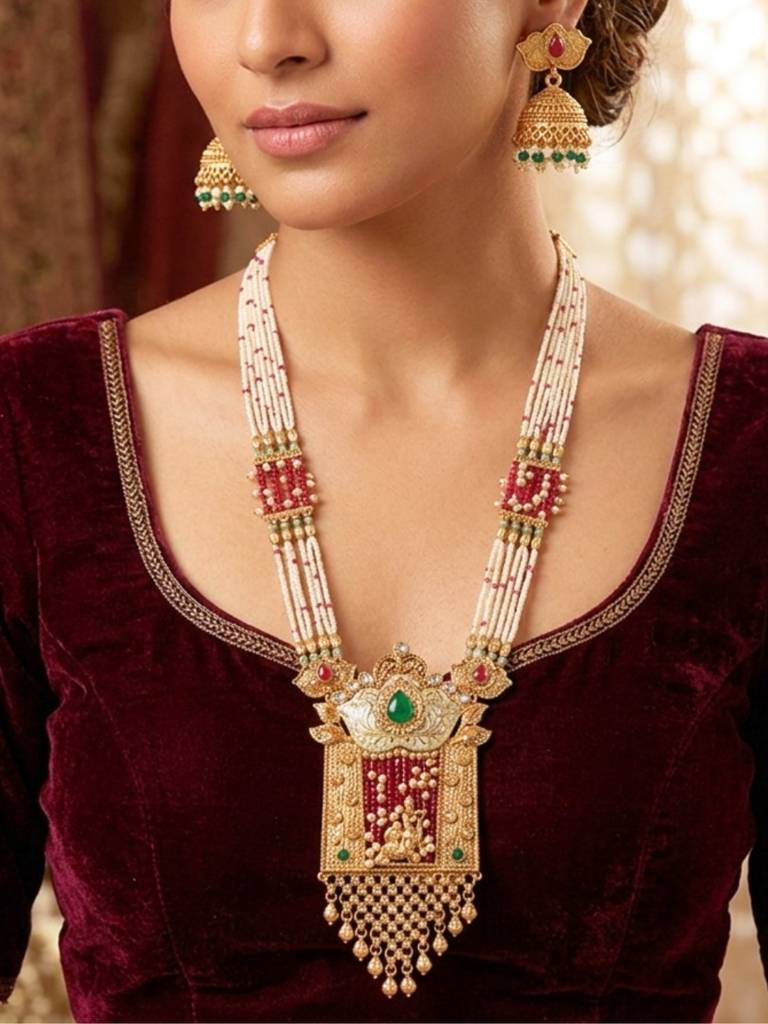 Gold Plated Long Temple Necklace Set With White & Pink Beads, Green Stone Pendant And Matching Jhumka Earri : NS0226SRD1P540GW