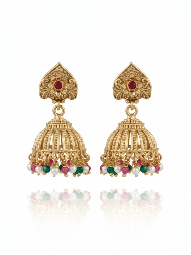 Gold Plated Heritage Jewellery Long Temple Necklace Set With Pink & White Beads, Goddess Pendant And Matchin : NS0226SRP540GPW