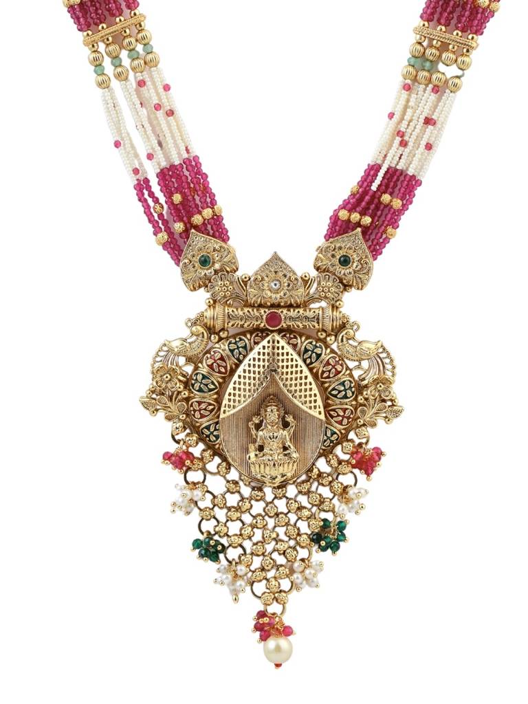 Gold Plated Heritage Jewellery Long Temple Necklace Set With Pink & White Beads, Goddess Pendant And Matchin : NS0226SRP540GPW