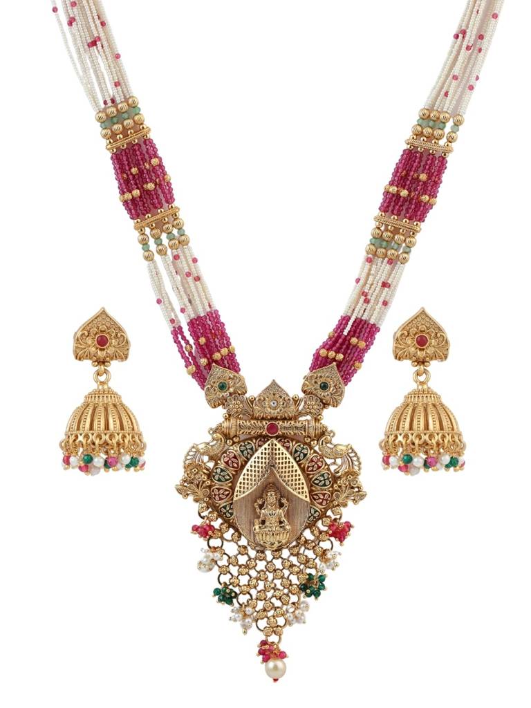 Gold Plated Heritage Jewellery Long Temple Necklace Set With Pink & White Beads, Goddess Pendant And Matchin : NS0226SRP540GPW