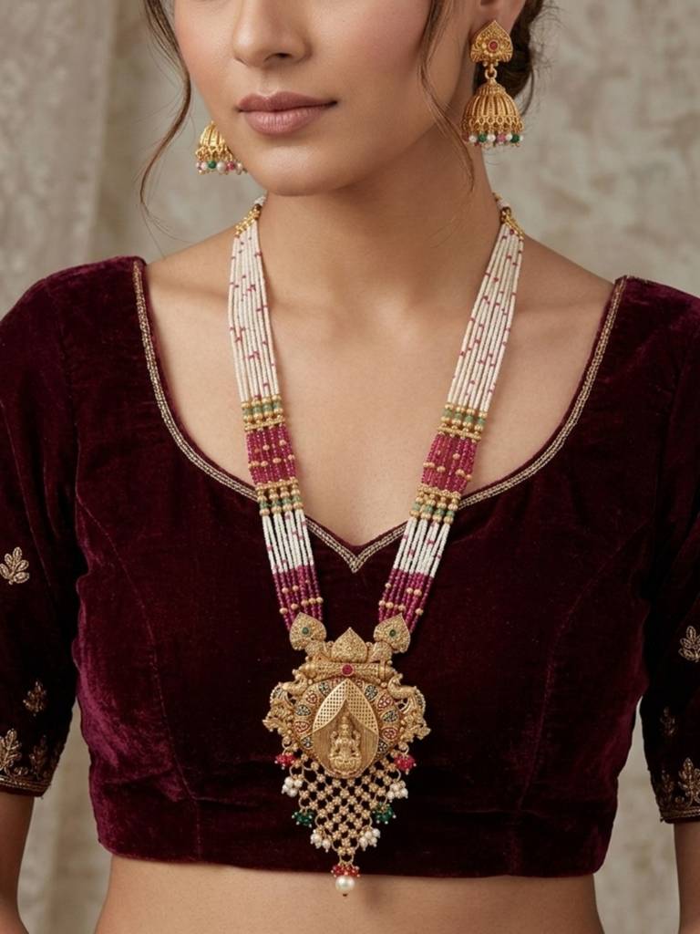 Gold Plated Heritage Jewellery Long Temple Necklace Set With Pink & White Beads, Goddess Pendant And Matchin : NS0226SRP540GPW