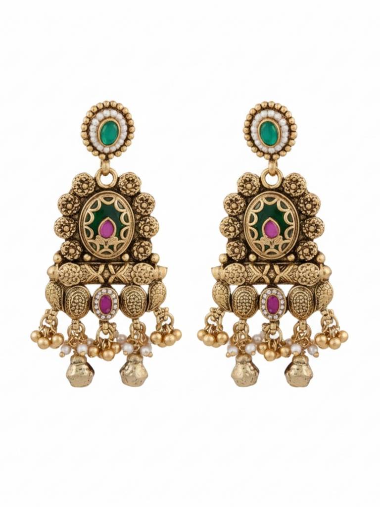 Gold Plated Temple Style Heritage Jewellery Long Necklace Set With Green Enamel Motifs, Ruby Accents & Matchi : NS0226SRP630GG