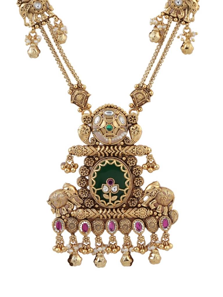 Gold Plated Temple Style Heritage Jewellery Long Necklace Set With Green Enamel Motifs, Ruby Accents & Matchi : NS0226SRP630GG