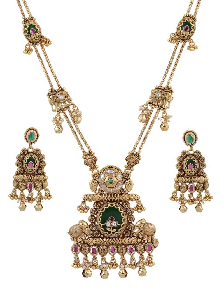 Gold Plated Temple Style Heritage Jewellery Long Necklace Set With Green Enamel Motifs, Ruby Accents & Matchi : NS0226SRP630GG