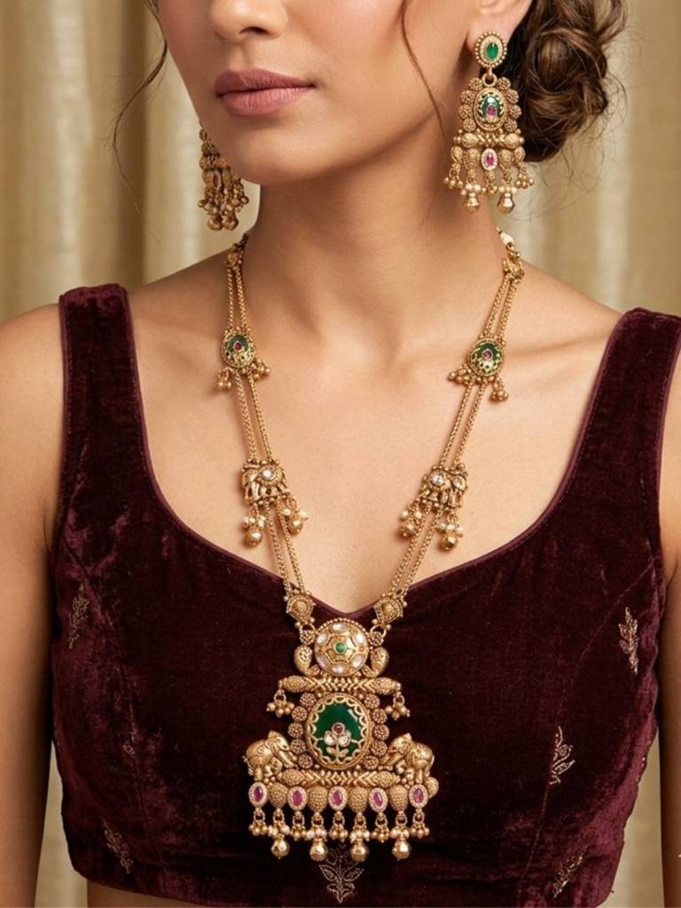 Gold Plated Temple Style Heritage Jewellery Long Necklace Set With Green Enamel Motifs, Ruby Accents & Matchi : NS0226SRP630GG