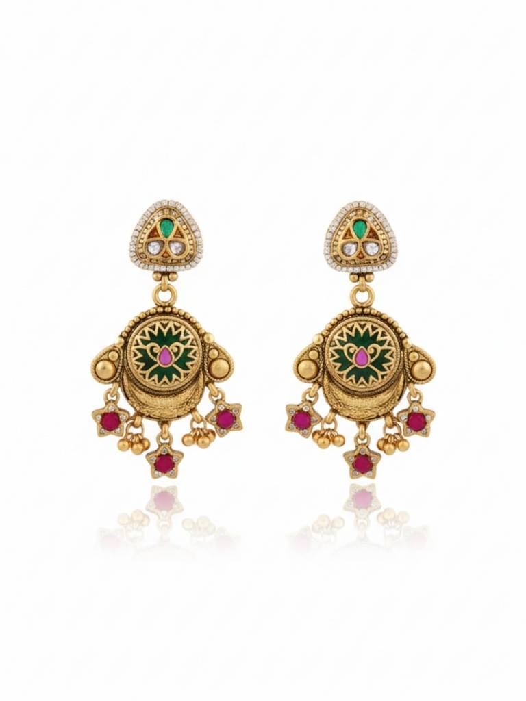 Gold Plated Heritage Jewellery Temple Style Long Necklace Set With Green Enamel Motifs, Ruby Accents & Matchi : NS0226SRP665GG