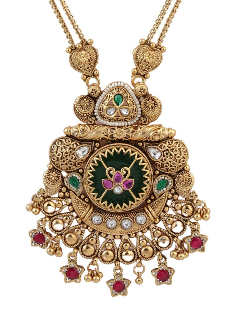 Gold Plated Heritage Jewellery Temple Style Long Necklace Set With Green Enamel Motifs, Ruby Accents & Matchi : NS0226SRP665GG