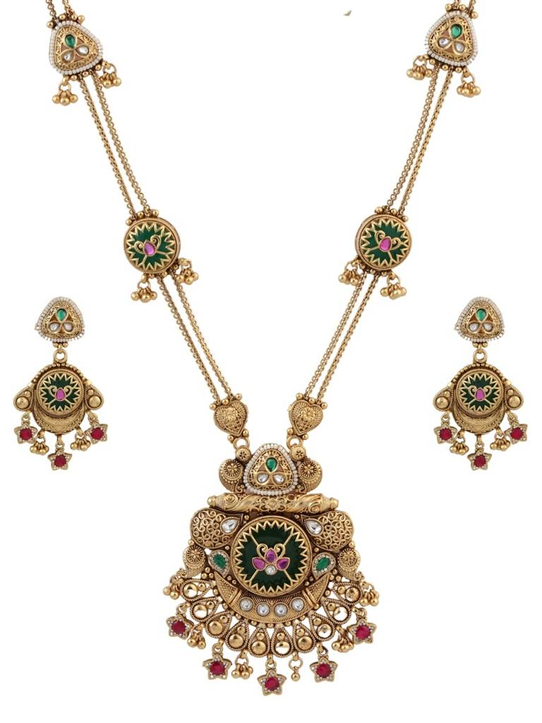 Gold Plated Heritage Jewellery Temple Style Long Necklace Set With Green Enamel Motifs, Ruby Accents & Matchi : NS0226SRP665GG