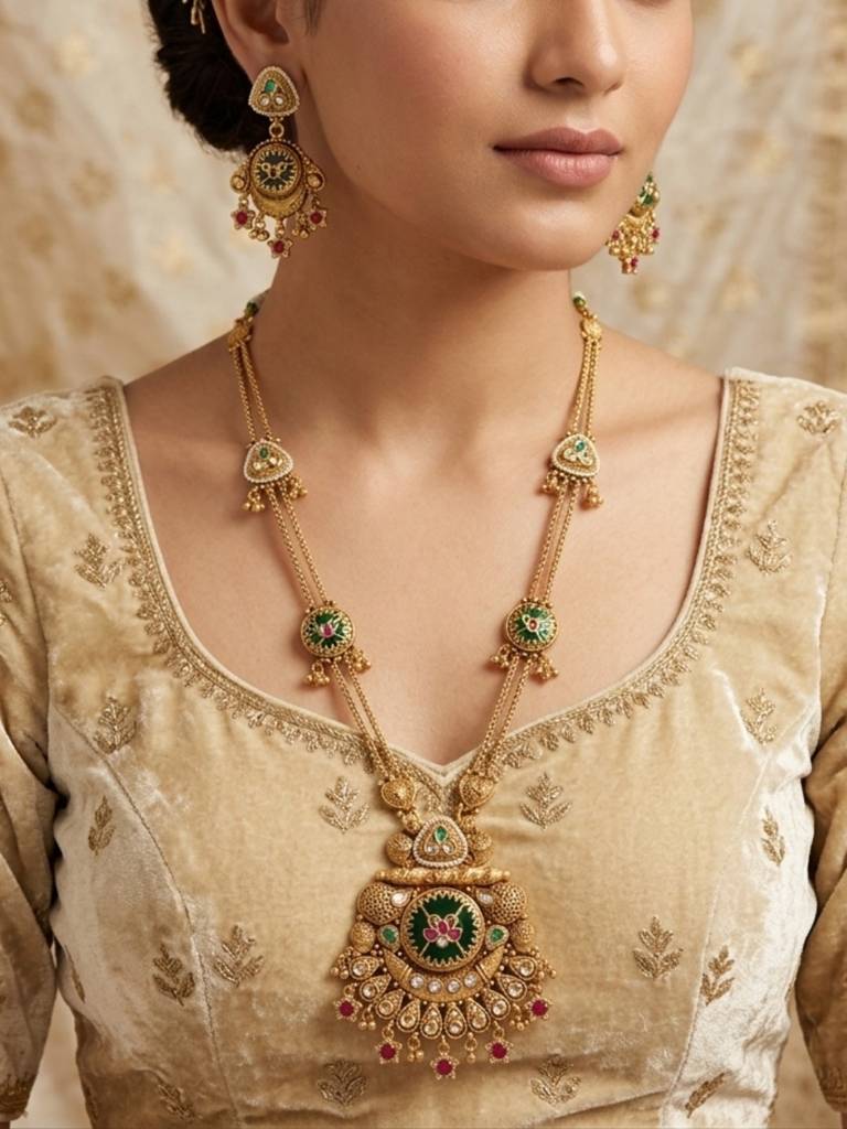 Gold Plated Heritage Jewellery Temple Style Long Necklace Set With Green Enamel Motifs, Ruby Accents & Matchi : NS0226SRP665GG