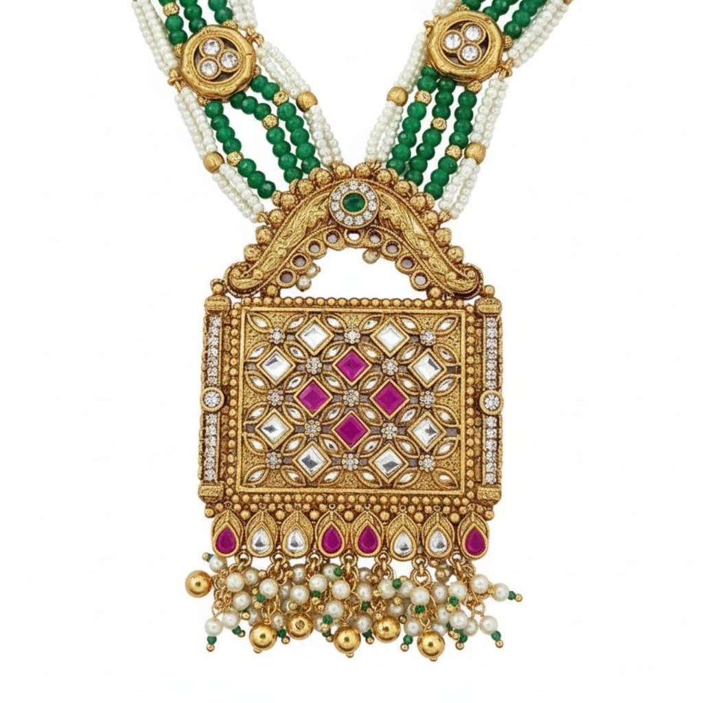 Antique Gold Plated Traditional Necklace Set For Women | Bridal Jewellery Set | Kundan, Temple, Lakshmi, Raja : NS0425SRP372GM
