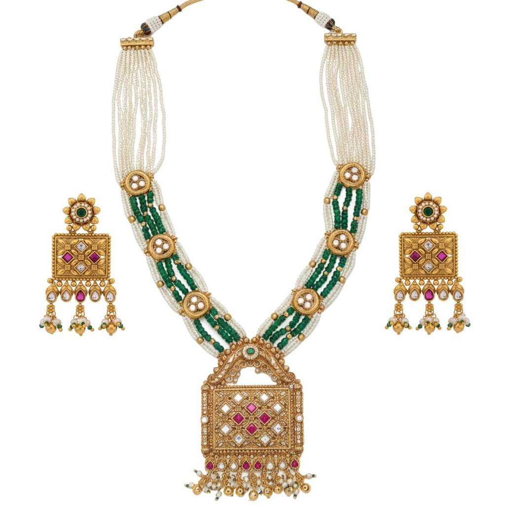 Antique Gold Plated Traditional Necklace Set For Women | Bridal Jewellery Set | Kundan, Temple, Lakshmi, Raja : NS0425SRP372GM