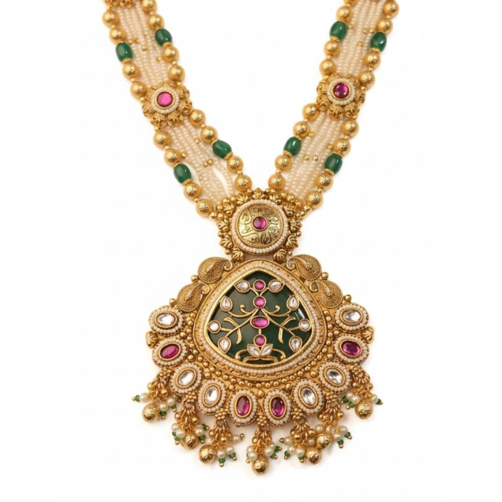 Traditional Temple Design Long Necklace Set With Ruby-Green Stones & Meenakari Pendant | Gold Plated Bridal J : NS0425SRP488GM