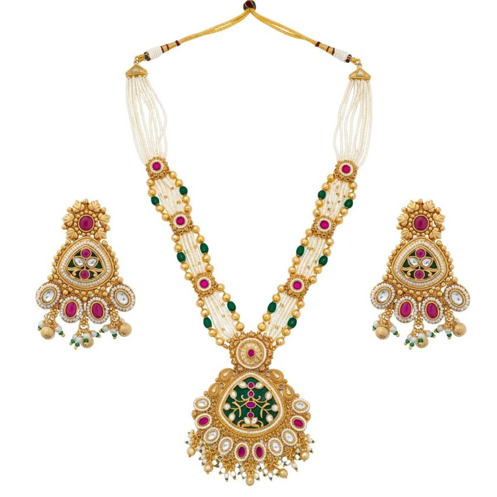 Traditional Temple Design Long Necklace Set With Ruby-Green Stones & Meenakari Pendant | Gold Plated Bridal J : NS0425SRP488GM