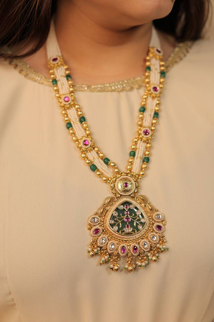 Traditional Temple Design Long Necklace Set With Ruby-Green Stones & Meenakari Pendant | Gold Plated Bridal J : NS0425SRP488GM