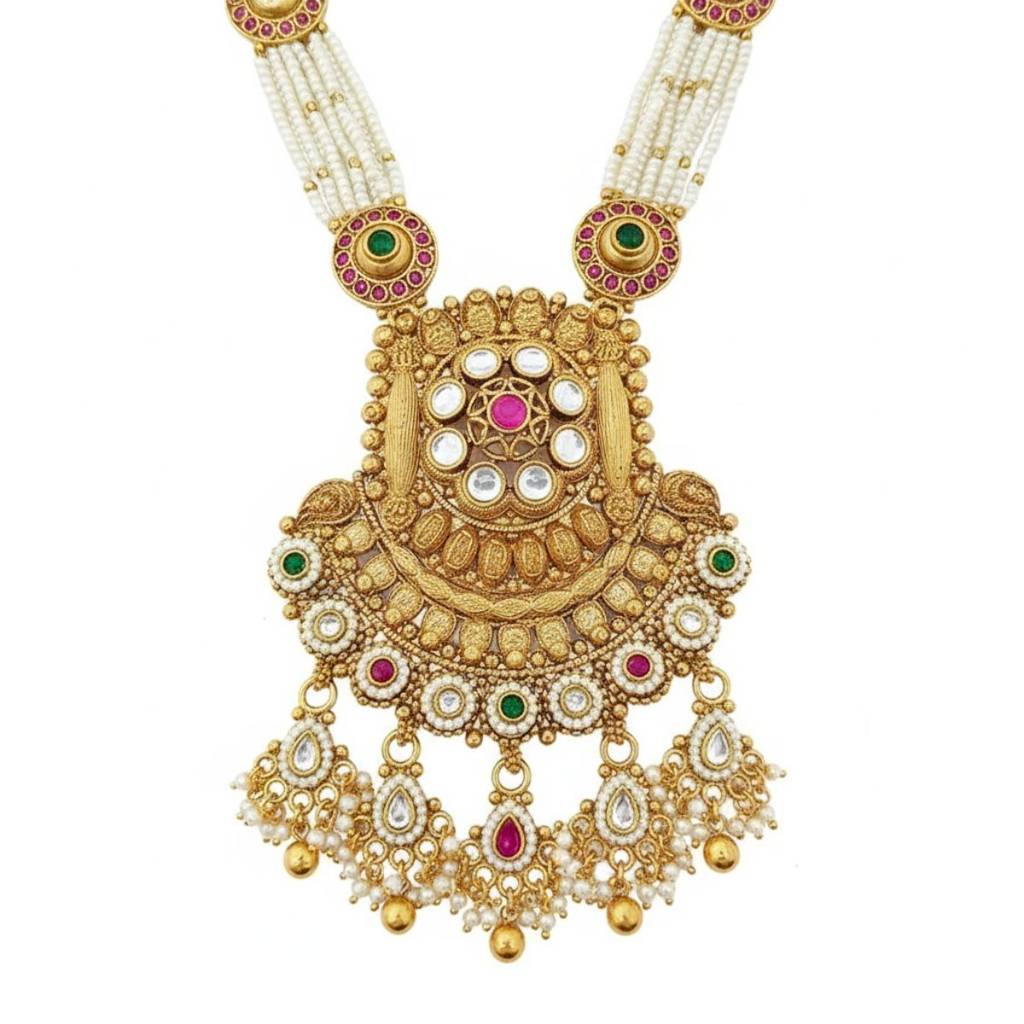 Traditional Gold Plated Temple Jewelry Set With Kundan & Pearl Detailing | Long Bridal Necklace Set With Earr : NS0425SRP552GM