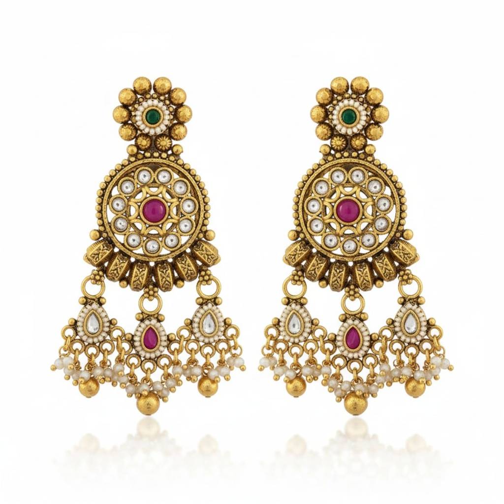 Traditional Gold Plated Temple Jewelry Set With Kundan & Pearl Detailing | Long Bridal Necklace Set With Earr : NS0425SRP552GM