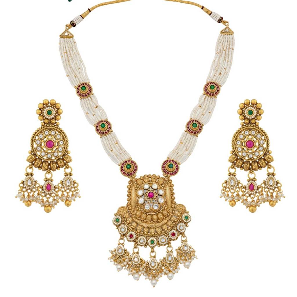 Traditional Gold Plated Temple Jewelry Set With Kundan & Pearl Detailing | Long Bridal Necklace Set With Earr : NS0425SRP552GM