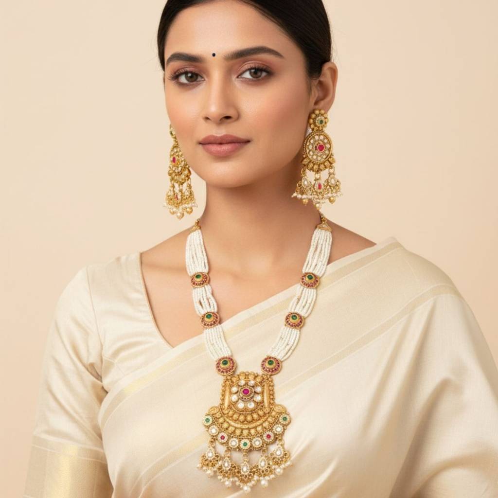 Traditional Gold Plated Temple Jewelry Set With Kundan & Pearl Detailing | Long Bridal Necklace Set With Earr : NS0425SRP552GM