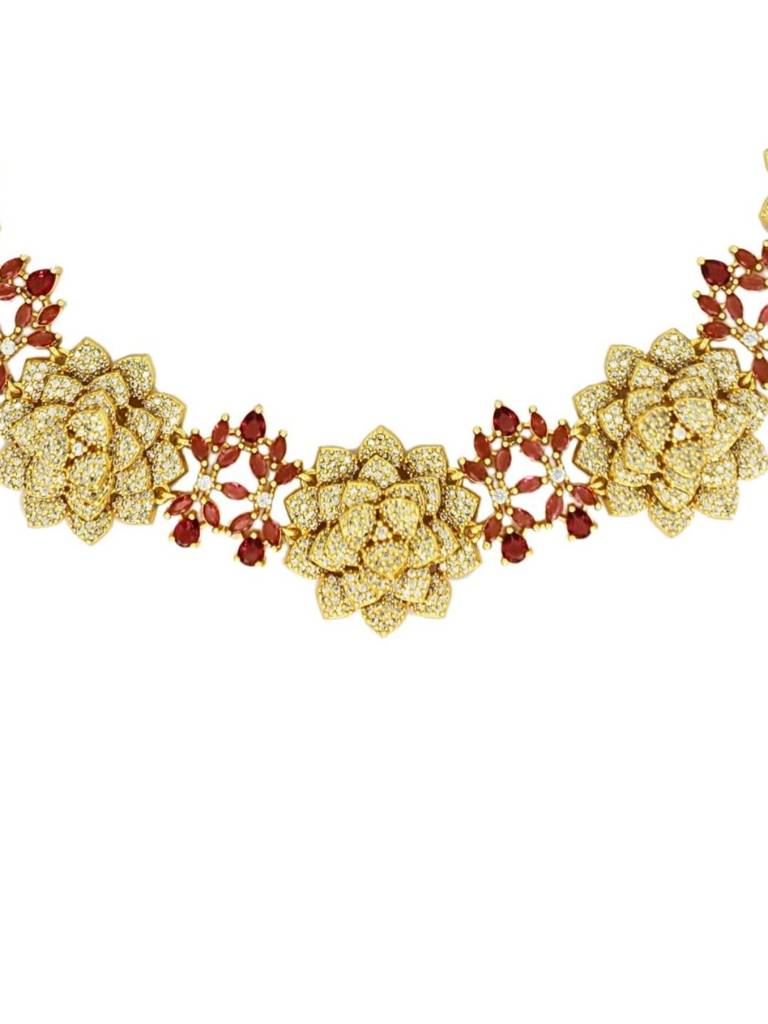 Premium Floral Necklace Set For Women In Brass With American Diamond Set | Gold And Silver Wedding Jewel : NS0625GJD173P3000GP