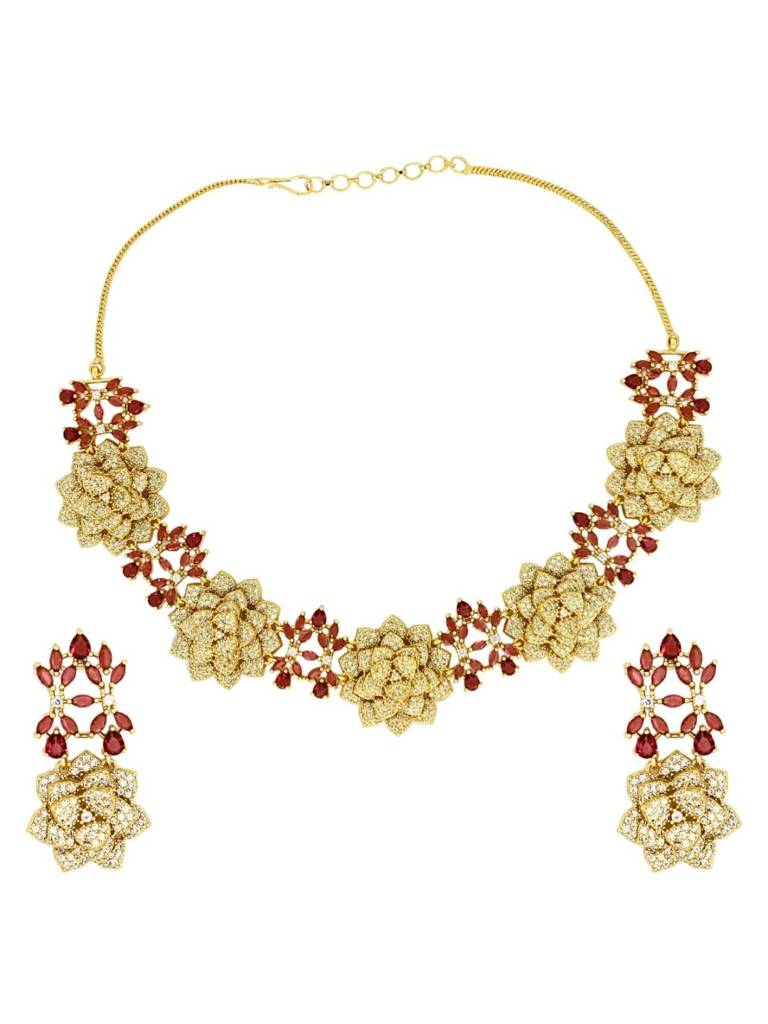 Premium Floral Necklace Set For Women In Brass With American Diamond Set | Gold And Silver Wedding Jewel : NS0625GJD173P3000GP