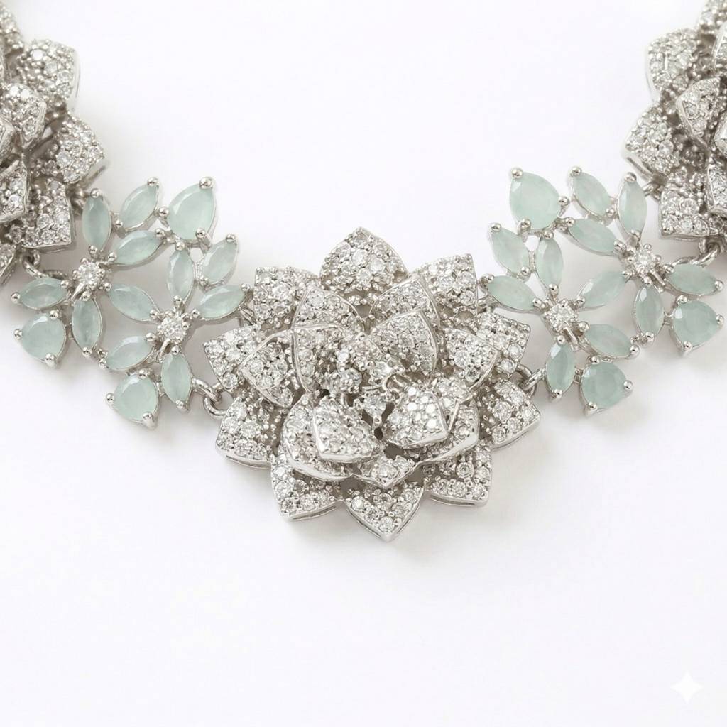 Premium Floral Necklace Set For Women In Brass With American Diamond Set | Gold And Silver Wedding Jewe : NS0625GJD173P3000SPG