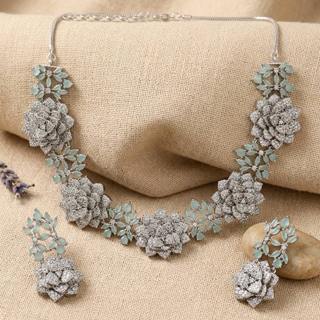 Premium Floral Necklace Set For Women In Brass With American Diamond Set | Gold And Silver Wedding Jewe : NS0625GJD173P3000SPG