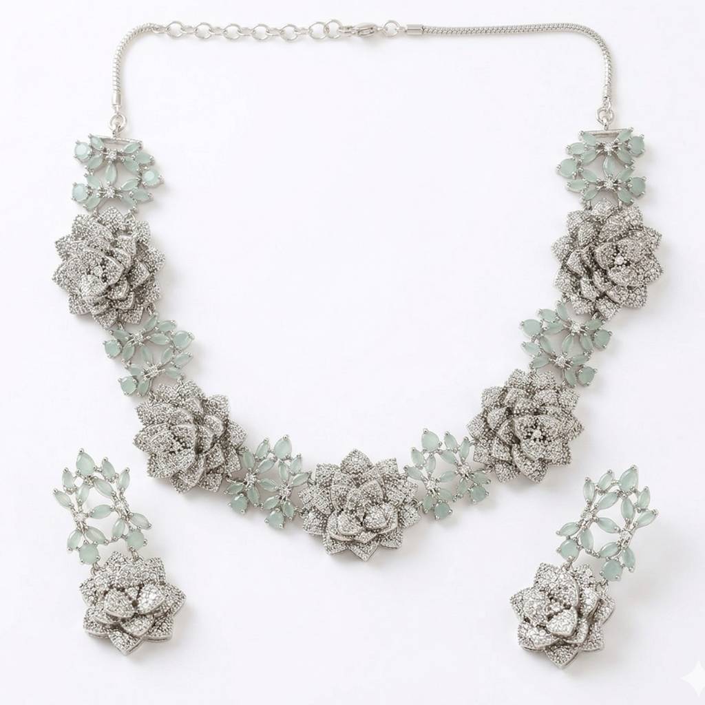 Premium Floral Necklace Set For Women In Brass With American Diamond Set | Gold And Silver Wedding Jewe : NS0625GJD173P3000SPG