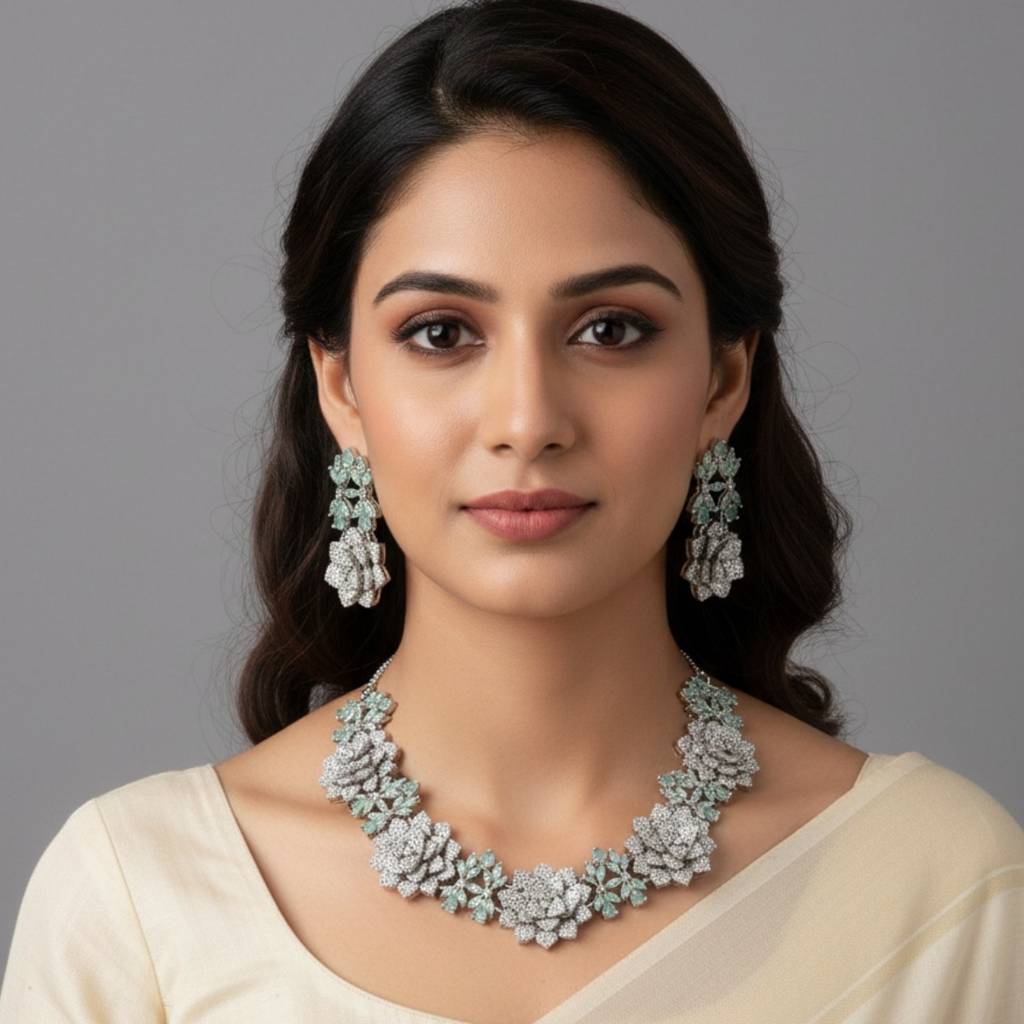 Premium Floral Necklace Set For Women In Brass With American Diamond Set | Gold And Silver Wedding Jewe : NS0625GJD173P3000SPG
