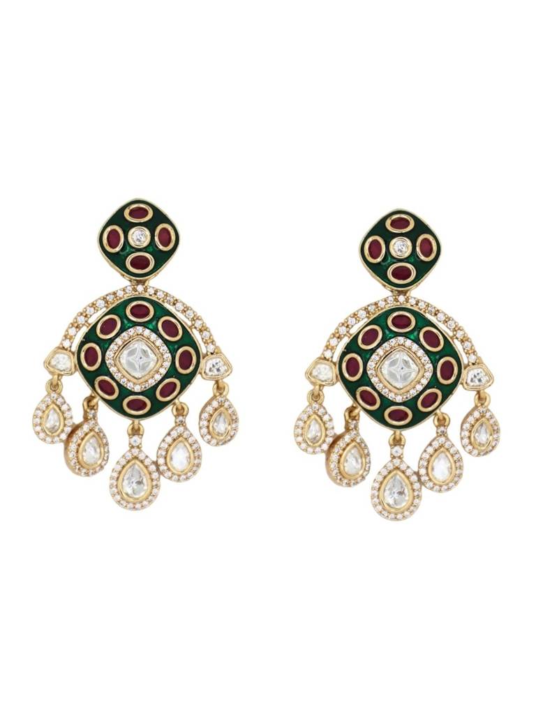 Traditional Polki Kundan Necklace Set With Earrings & Maang Tikka For Women | Green Pink Ad Stone Bridal  : NS0725SRP821GMulti