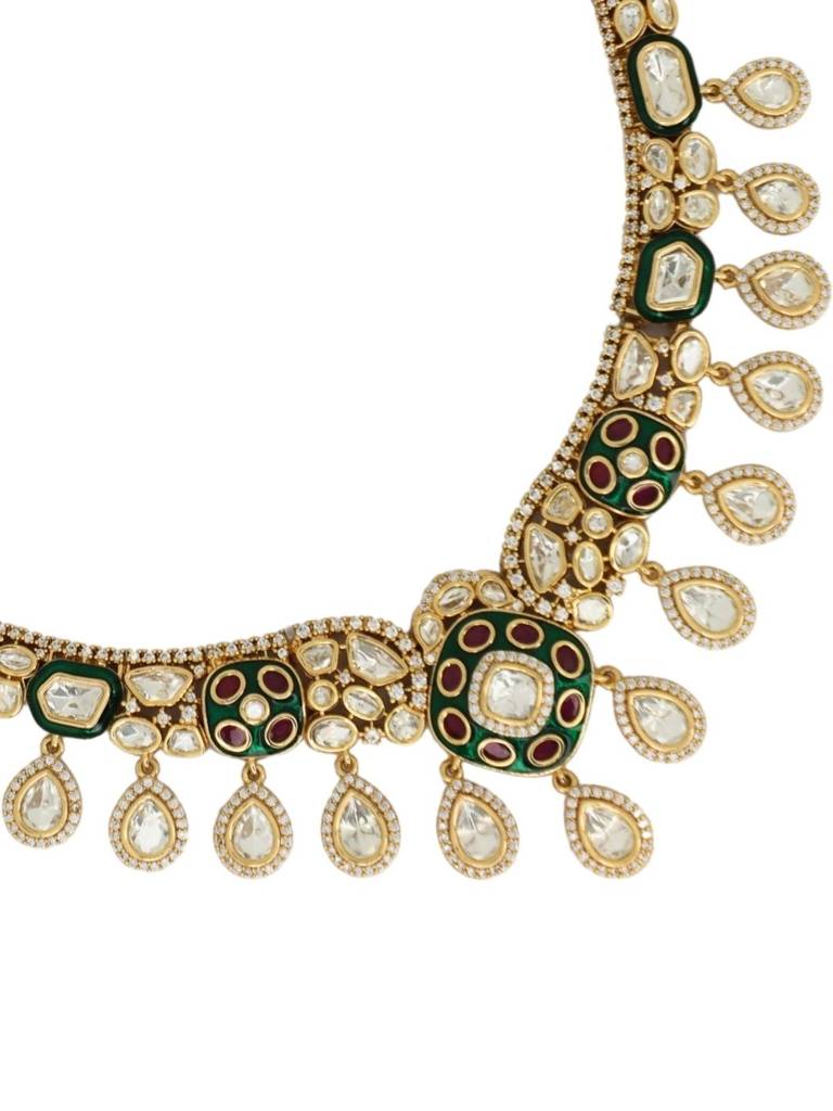 Traditional Polki Kundan Necklace Set With Earrings & Maang Tikka For Women | Green Pink Ad Stone Bridal  : NS0725SRP821GMulti
