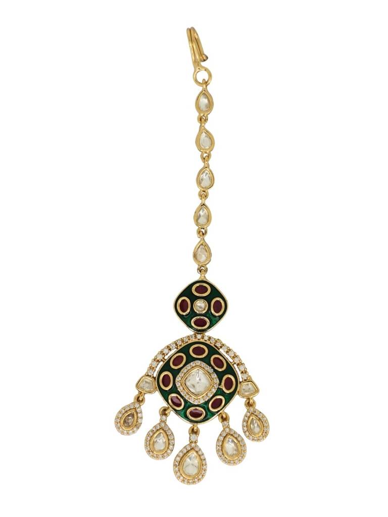 Traditional Polki Kundan Necklace Set With Earrings & Maang Tikka For Women | Green Pink Ad Stone Bridal  : NS0725SRP821GMulti