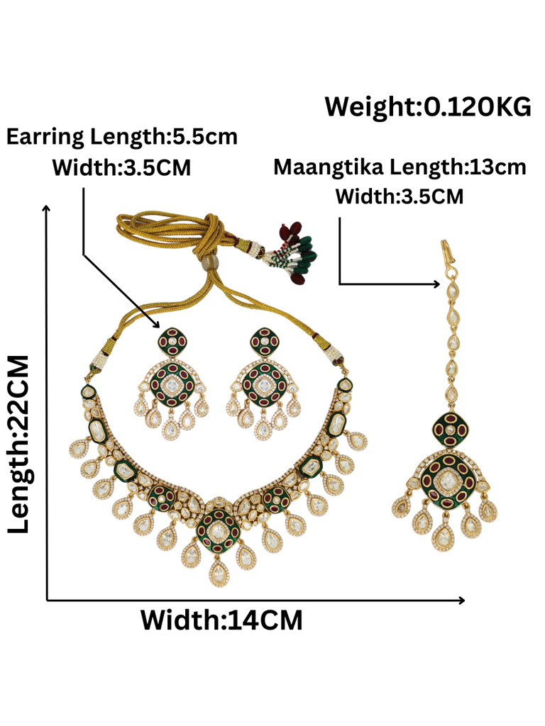 Traditional Polki Kundan Necklace Set With Earrings & Maang Tikka For Women | Green Pink Ad Stone Bridal  : NS0725SRP821GMulti