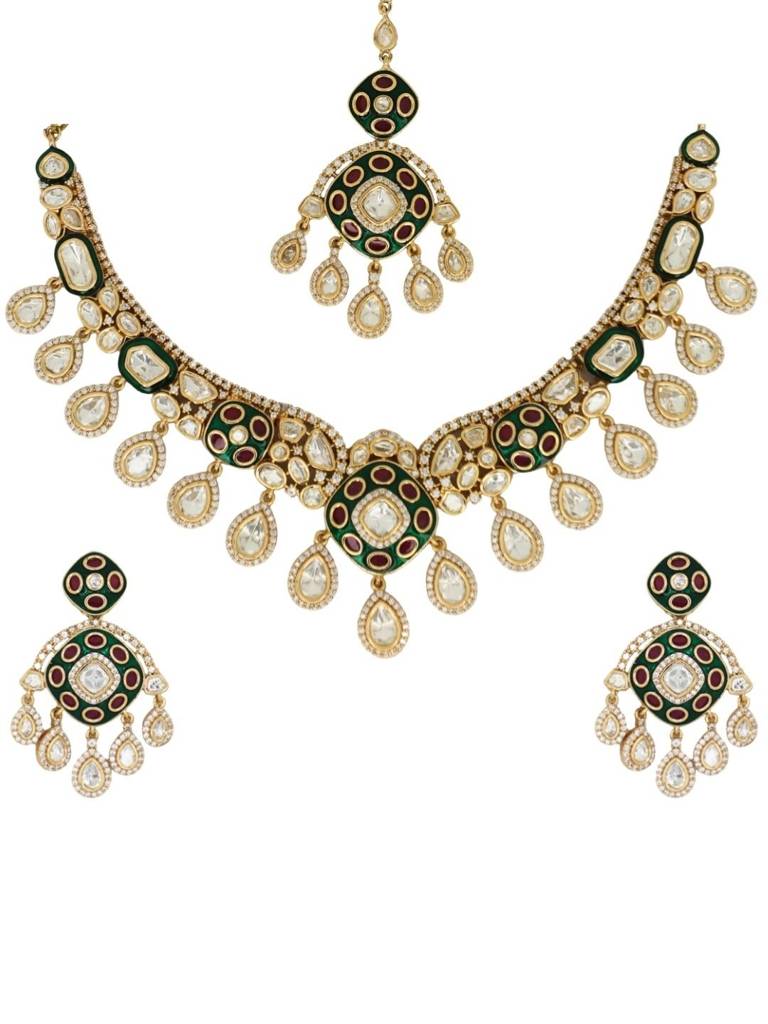 Traditional Polki Kundan Necklace Set With Earrings & Maang Tikka For Women | Green Pink Ad Stone Bridal  : NS0725SRP821GMulti