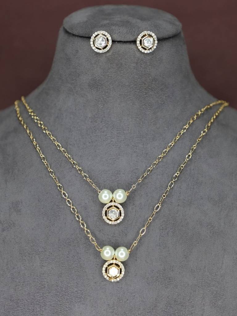 Premium Gold-Plated Layered Pearl Necklace Set With Ad Stone Stud Earrings For Women And Girls | Lightweight P : NS0824SRP408W